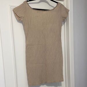 Beige Short Sleeve Textured Sheath Dress
